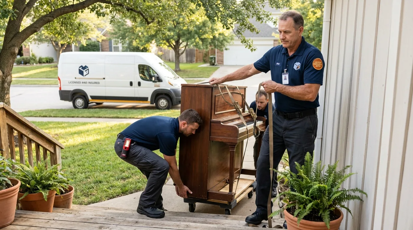 Licensed piano movers securing grand piano in Waukee, IA
