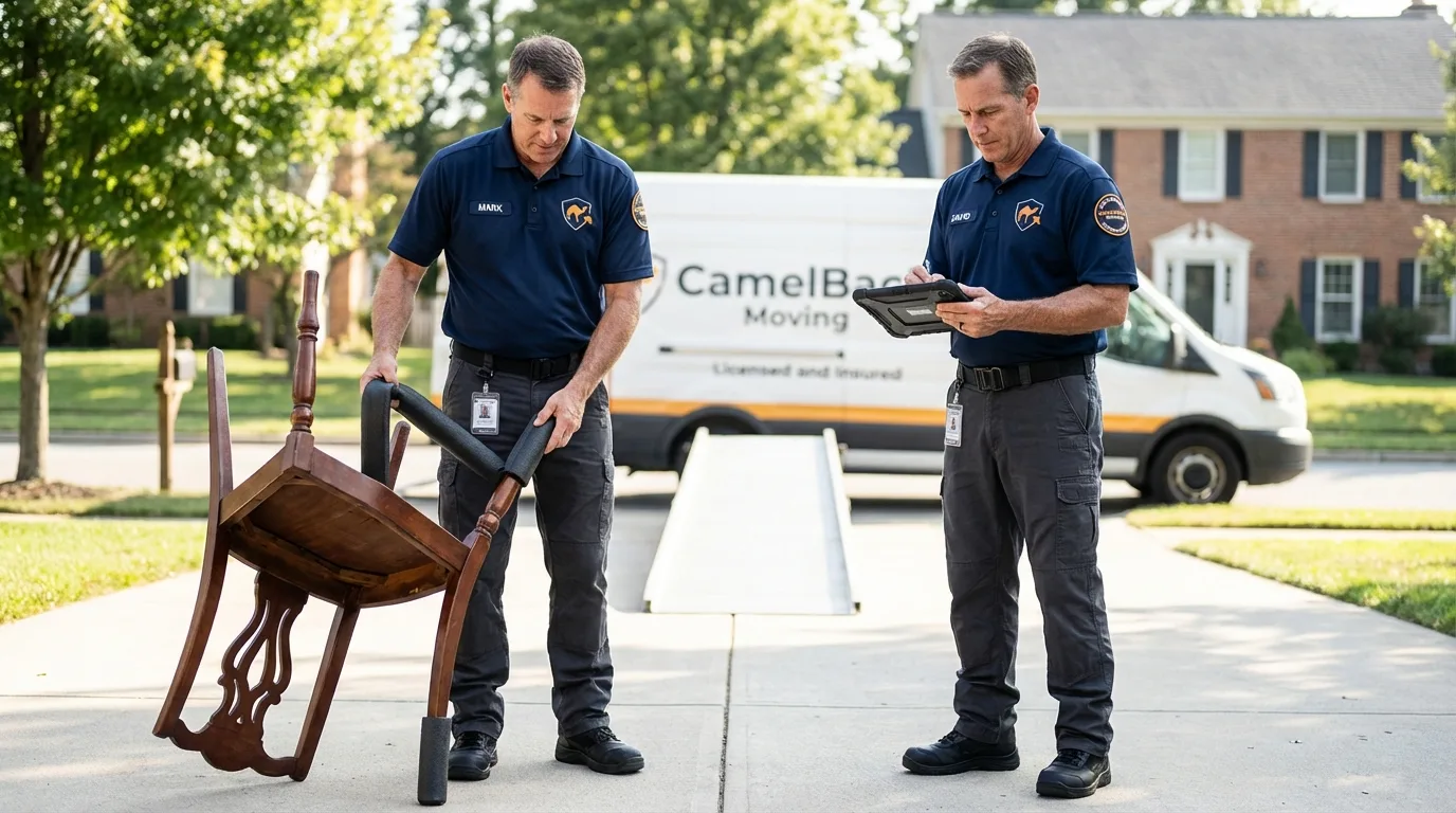 Movers inspecting furniture for damage prevention before loading in Waukee, IA