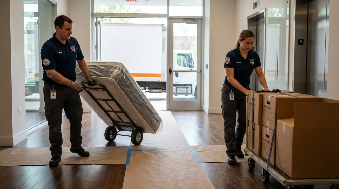 Professional apartment movers loading elevator in Waukee, IA