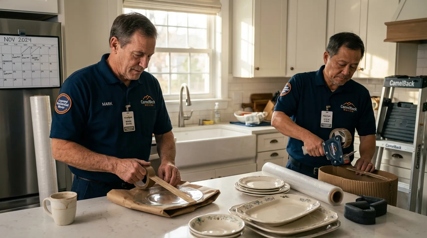 Professional crew packing kitchen dishware in Waukee, IA